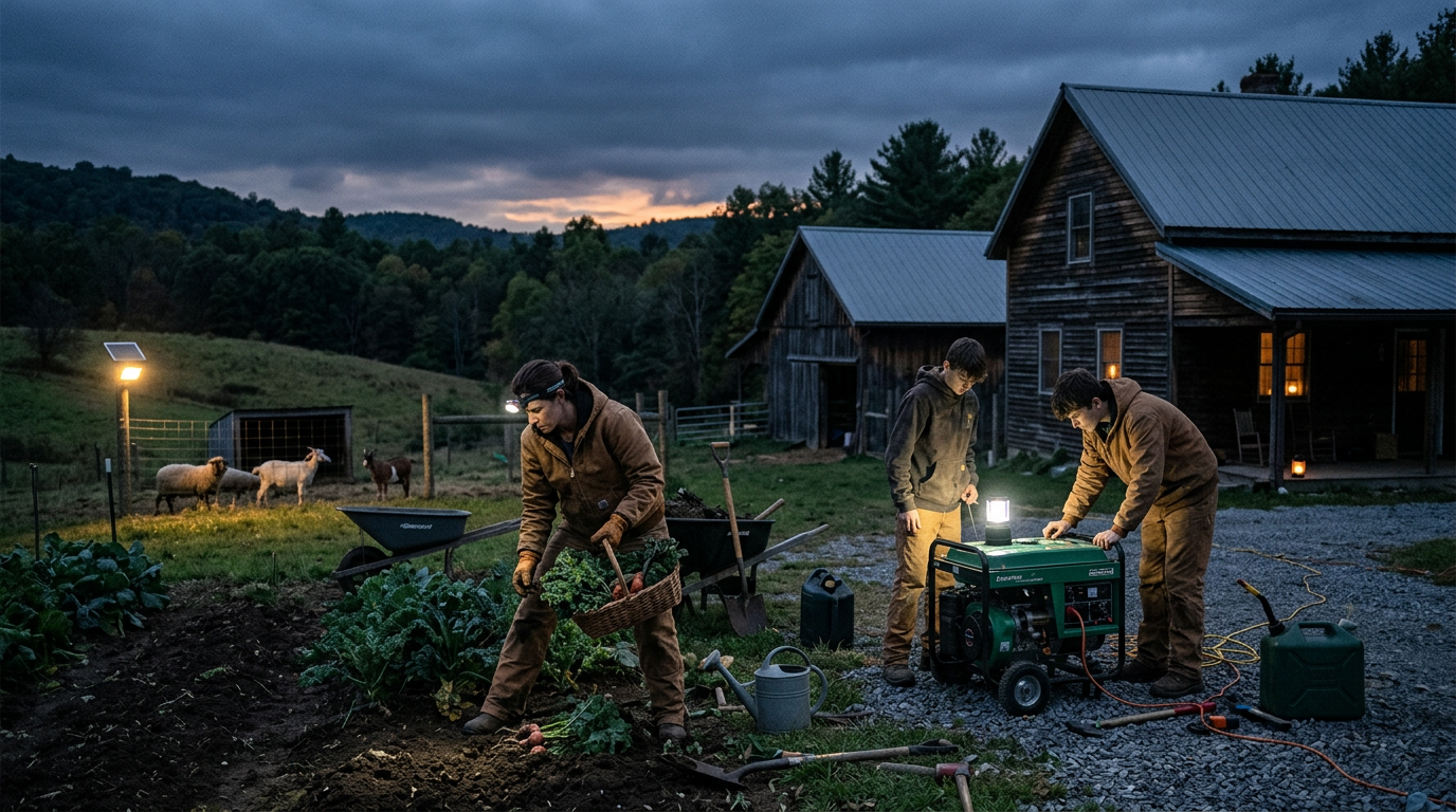 People working together on evening farm chores