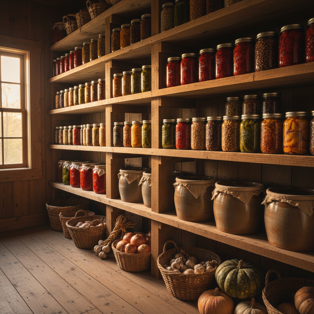 An organized homestead pantry captured in photographic realism, shelves built from rough-sawn local lumber filling the frame from floor to ceiling. Glass jars of home-canned tomatoes, beans, pickles, and fruit are lined in neat rows, each jar catching soft, warm light from a small nearby window. Crocks of fermenting vegetables sit on the lower shelf, their ceramic surfaces matte and slightly imperfect. Baskets of onions, garlic, and winter squash rest on the wooden floor, their skins textured and slightly dusty. The lighting is a gentle golden-hour glow that slips across the room, creating subtle highlights on glass and wood while casting soft, elongated shadows. Shot from a slightly elevated angle with sharp focus throughout, the mood is secure, practical, and quietly abundant, ideal for illustrating food preservation and resilience.