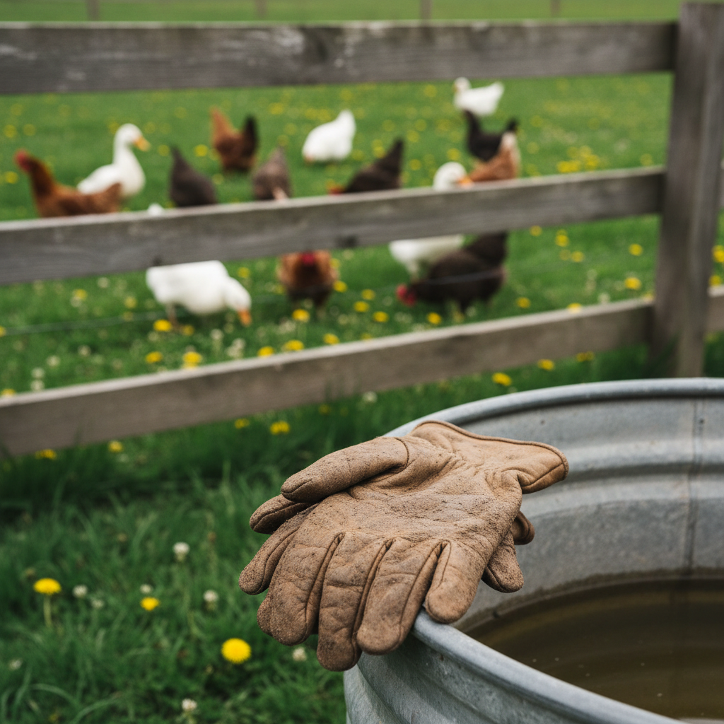 A close-up, photographic view of a pair of well-used leather work gloves resting on the edge of a galvanized metal water trough beside a sturdy wooden fence. The gloves are creased, dusted with soil, and faintly stained from years of steady homestead labor. Behind them, a mixed flock of chickens and ducks forage in a grassy paddock, slightly out of focus but clearly active among dandelions and clover. The setting is an overcast morning, with diffused natural light softening shadows and emphasizing earthy browns, greens, and grays. Shot at a shallow depth of field with the gloves as the focal point, the composition uses the rule of thirds to create a grounded, professional mood that conveys daily livestock care and hands-on self-reliance.