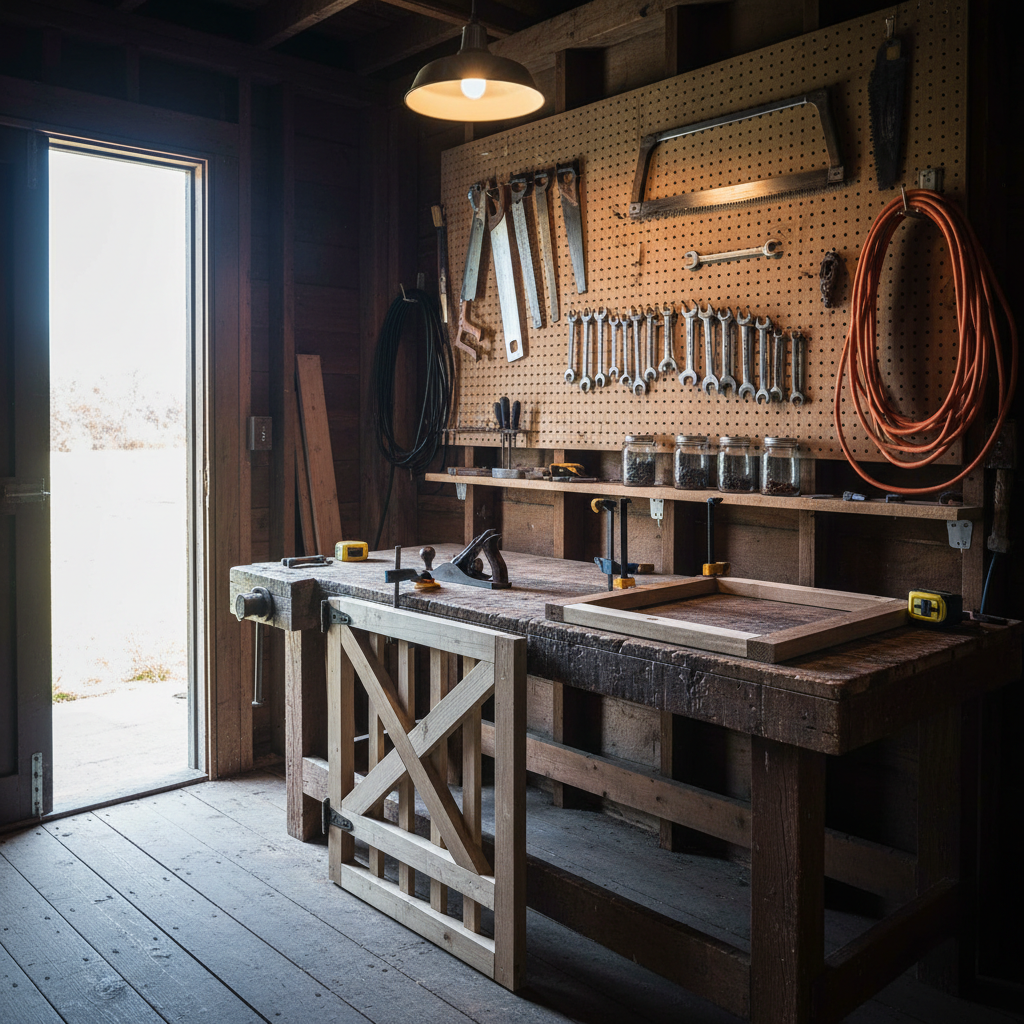 A compact, efficient homestead workshop photographed from a wide, eye-level perspective, emphasizing practical self-reliance. A heavy wooden workbench spans the right side of the frame, its scarred surface scattered with a hand plane, measuring tape, and a partially assembled wooden garden gate. On the wall above, organized pegboard holds wrenches, hand saws, and coiled extension cords, all neatly arranged. The space is lit by a combination of bright daylight pouring through an open barn door and a single warm, overhead shop light, creating a balanced mix of cool and warm tones with defined but not harsh shadows. Dust motes are faintly visible in the light beam. The overall mood is focused and industrious, with a clean yet rustic composition and clear depth, perfect for a DIY skills article.